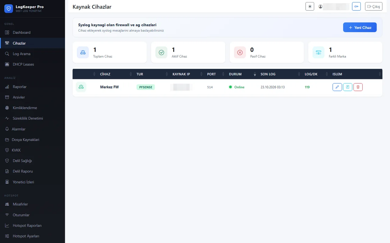 LogKeeper Pro kaynak cihazlar listesi