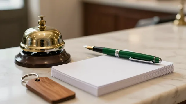 Otel resepsiyon masasında pirinç zil, boş not kartları destesi, yeşil dolma kalem ve ahşap oda anahtarlığı