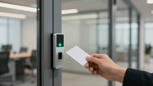 Ofis kapısındaki kart okuyucuda yeşil ışık, bir el boş beyaz kartı okuyucuya uzatıyor
