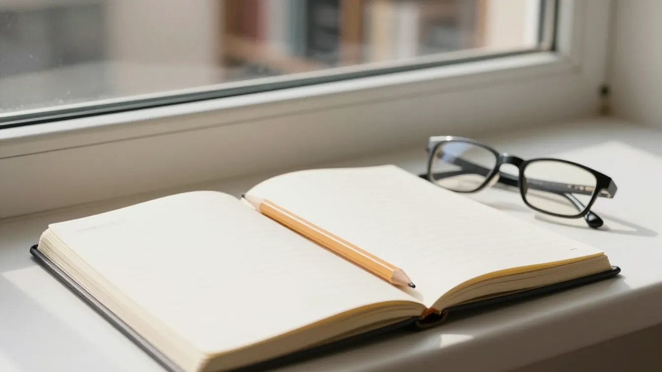 Pencere önünde açık defter, kalem ve gözlük