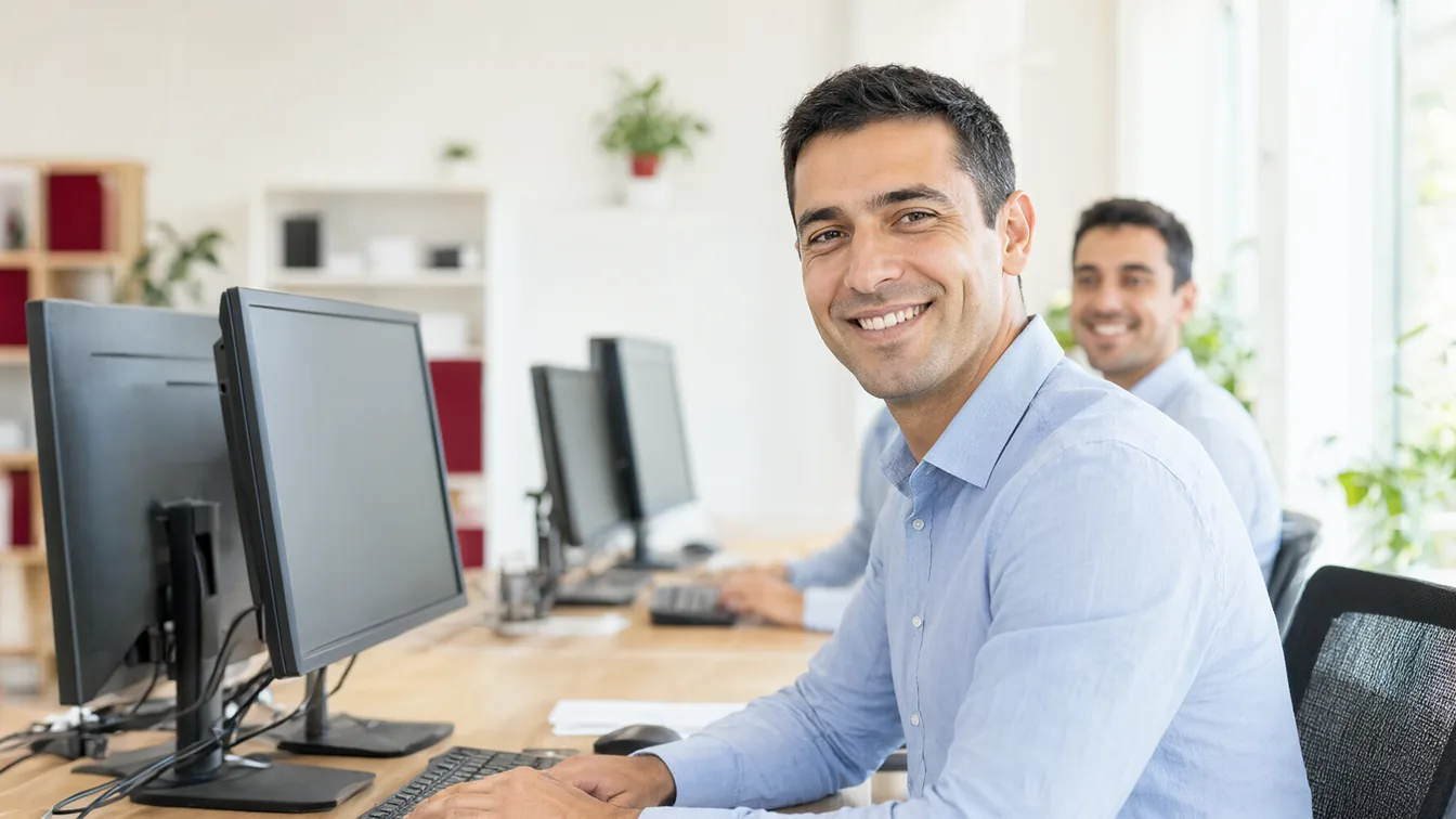 Masasında kameraya gülümseyen bir BT çalışanı