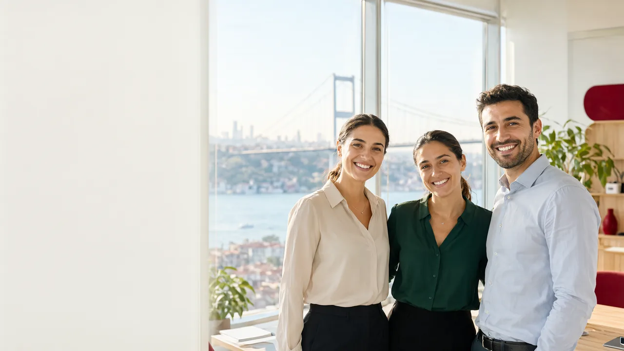 Boğaz manzaralı aydınlık ofiste gülümseyen üç kişi