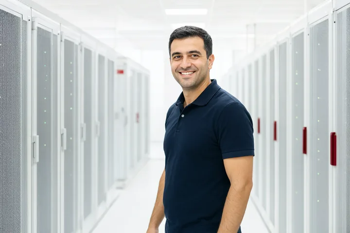 Aydınlık veri merkezi koridorunda gülümseyen mühendis