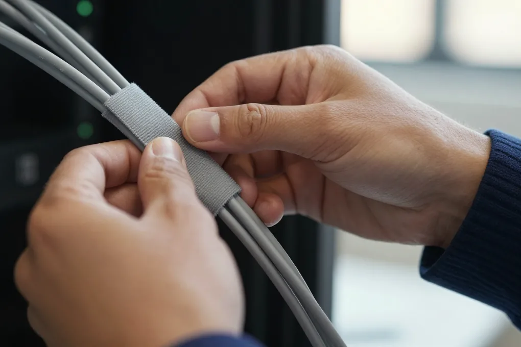 Ağ kablosu demetini cırt bantla toplayan bir teknisyenin elleri